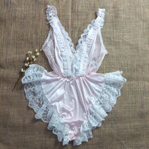 Vintage Tosca Pink Rose Lace Trim Teddy Lingerie Romper Snap Button Medium